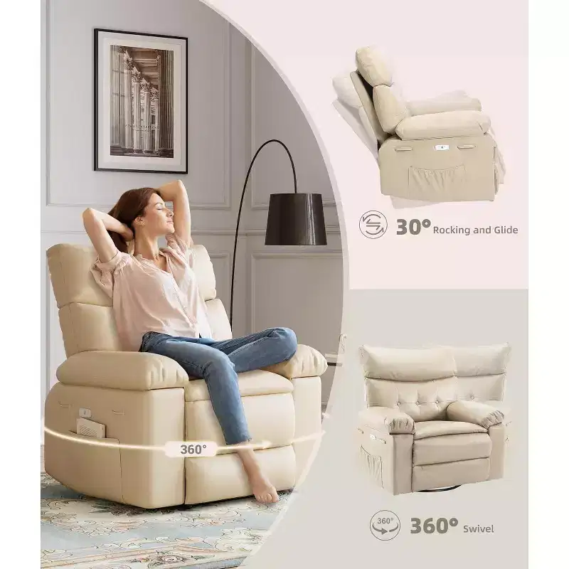 Electric Recliner Chair with 360 Swivel, Heat, Massage & PU Leather