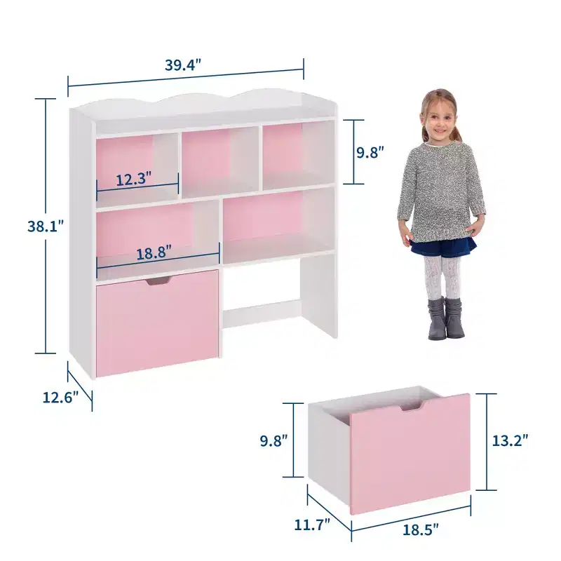 Toy Storage Organizer with 2 Movable Drawers, Toy Organizer with 5 Open Cubbies, Multifunctional Floor Storage Chest for Playroom