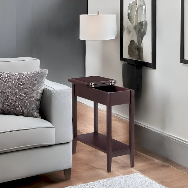Narrow Wooden Flip Top End Table with Storage