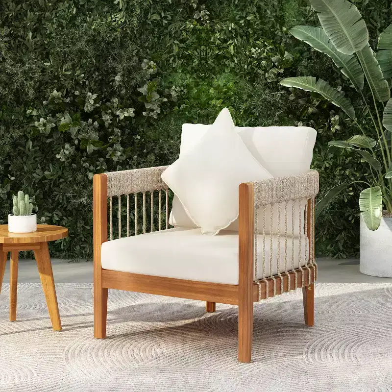 Christopher Knight Home Clifton Patio Rustic Acacia and Rope Upholstered Club Chair with Curved Back