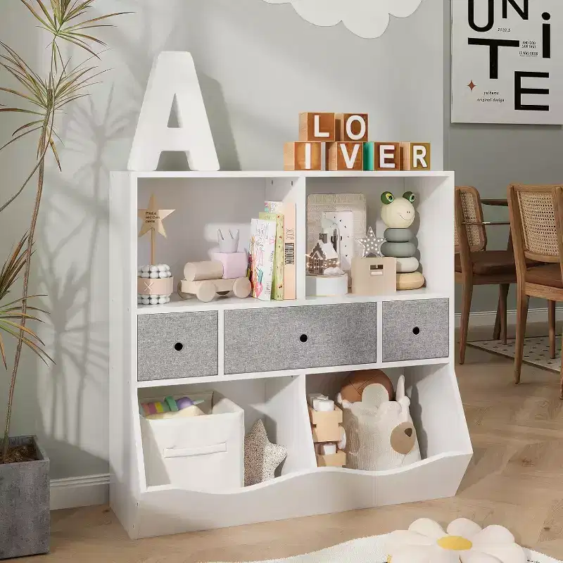 Kids Toy Storage Organizer, Bookshelf with Shelves, Bins and Drawers, Child-Safe Storage Cabinet for Playroom or Bedroom, 37 x 15 x 37 Inch