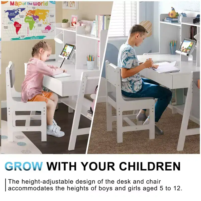 GDLF Kids Desk and Chair Set Adjustable Study Computer Desk Grow with Your Children Media Desk with Whiteboard for 5-12 Years Old
