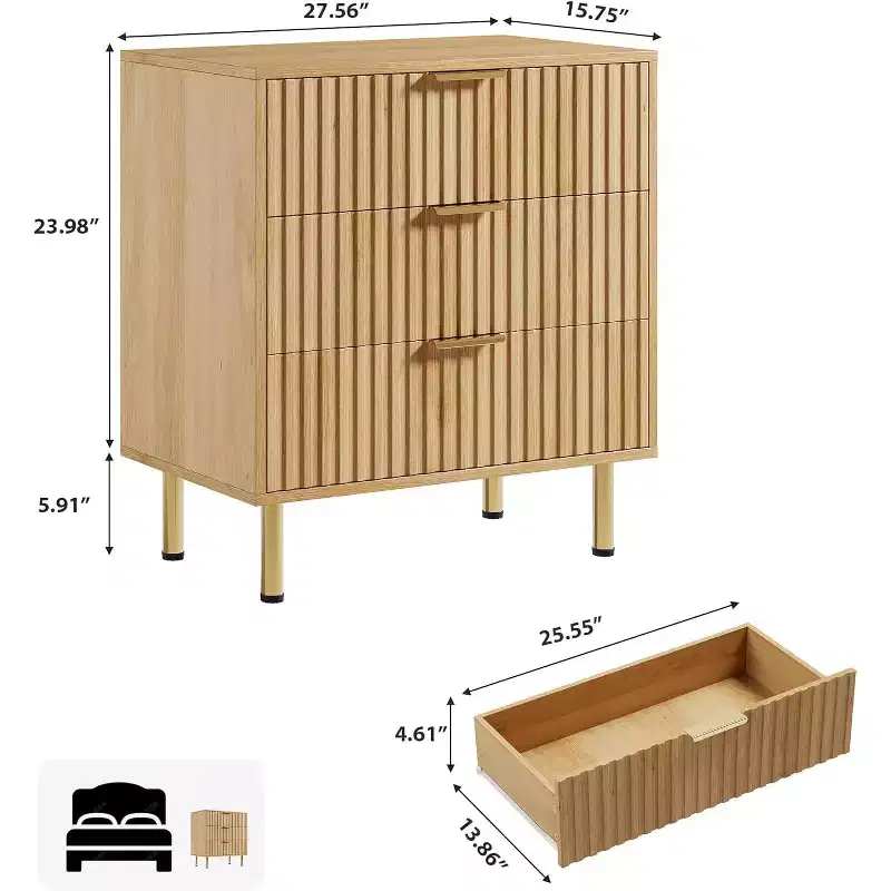 Modern Fluted 3-Drawer Dresser. Features deep drawers & a wide top. Versatile wooden organizer for bedroom, living room, or hallway