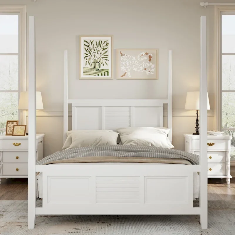 Roomfitters King Size Poster Bed, Solid Wood Frame, Horizontal Grille Design, White