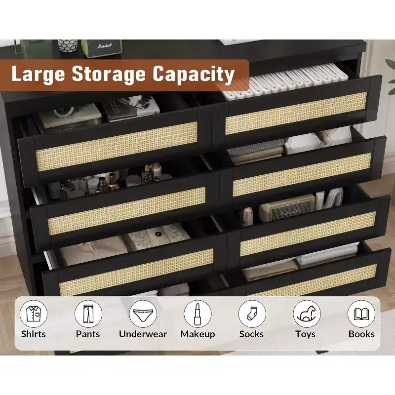 Modern 8-Drawer Wooden Bedroom Wardrobe with Rattan Accents Suitable for closets, nurseries, living rooms, and entryways Wide-width wooden nightstand