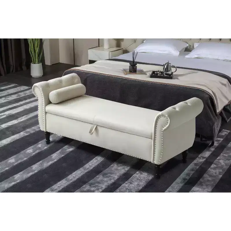 Velvet Storage Bench with Buttons Tufted and Nailhead Decoration, Storage Ottoman with Wood Legs and 1 Pillow, End Of Bed Storage Bench