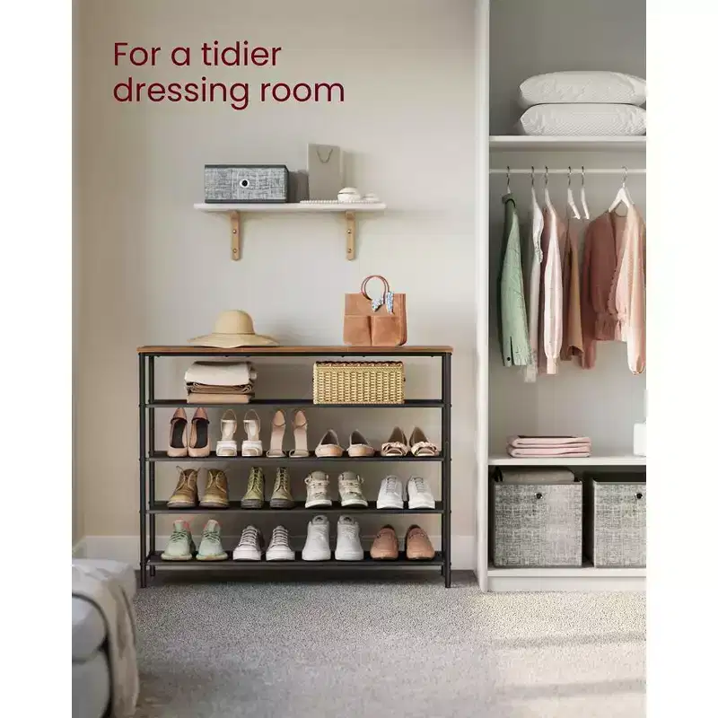 4-Shelf Shoe Rack for 20 Pairs, Steel Frame with Fabric Shelves, Rustic Brown and Black