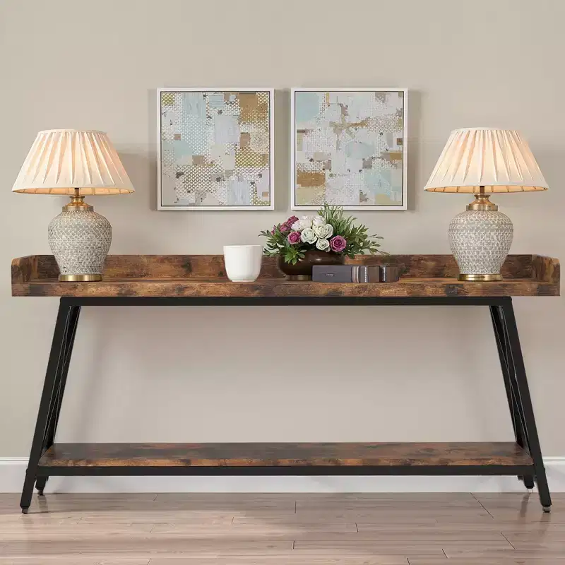 70.9 Inch Narrow Rustic Sofa Table Sturdy Metal Frame Home Decor