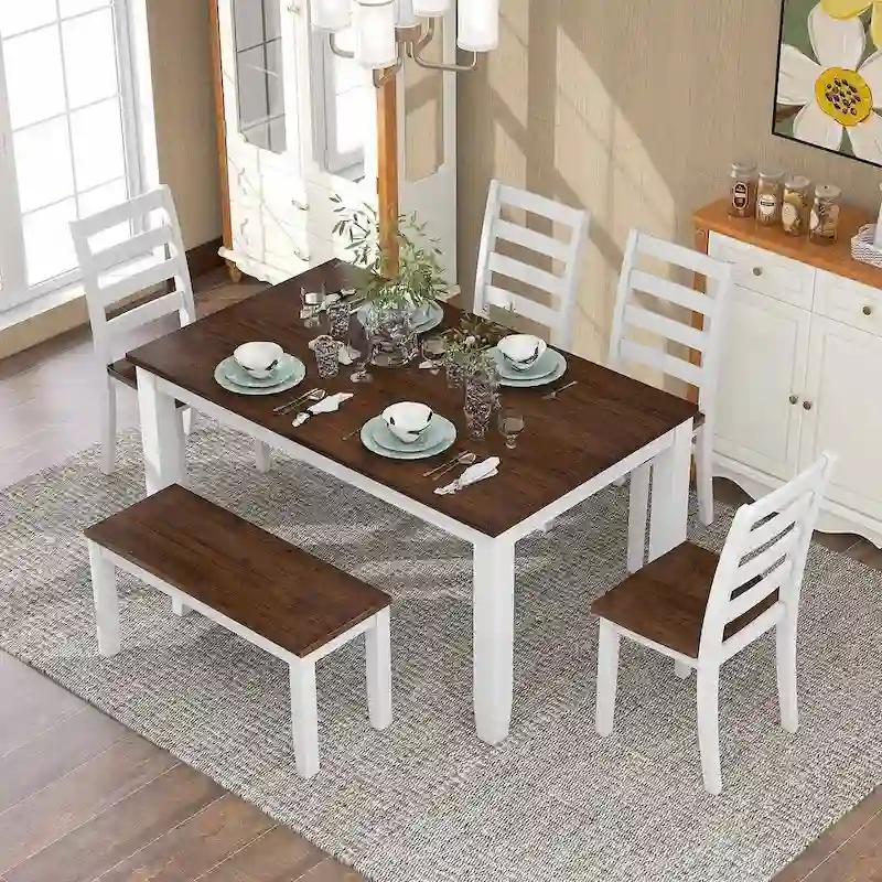 60 Farmhouse Rectangular Dining Table with 4 Upholstered Chairs and Bench