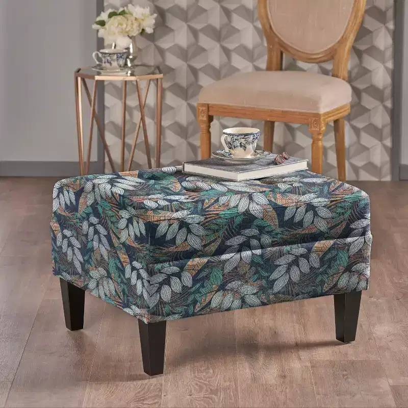 Contemporary Fabric Tufted Ottoman with Tapered Wood Legs