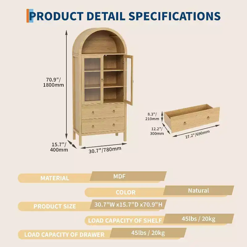 Arched Pantry Cabinet, Farmhouse Display with Glass Doors & 2 Drawers, Adjustable Shelves for Kitchen, Dining Room & Bathroom