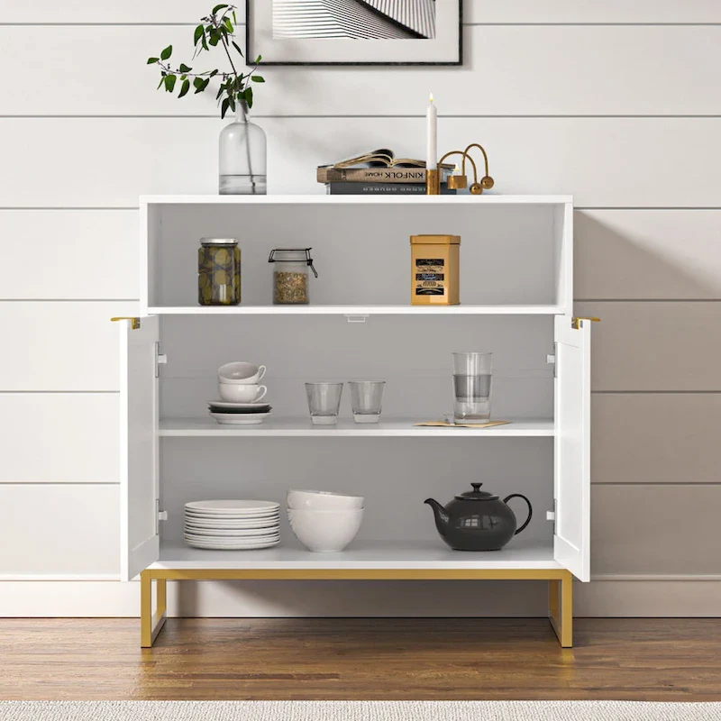 Modern 2-Door White Rattan Buffet Sideboard with Adjustable Shelf, Particle Board 31.5x15.7x31.9