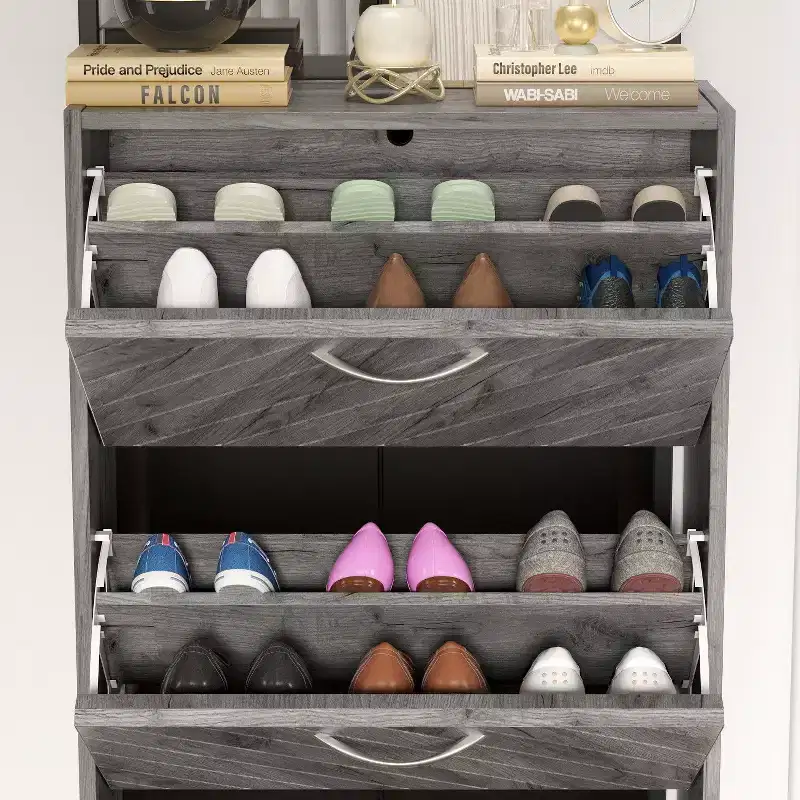 Famapy Gray wood grain 3 Drawer Flip Up Shoe Cabinet Openwork
