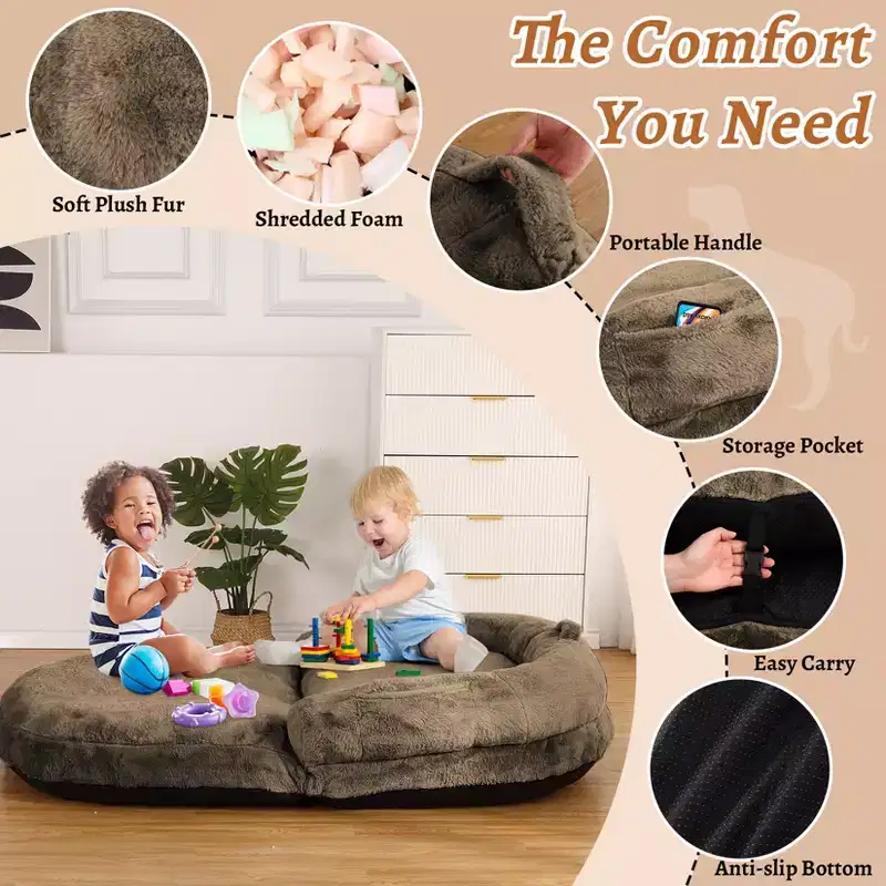 Human-Sized Faux Fur Floor Sofa Bed, Oversized Lounger with Removable Cover for Reading & Snoozing