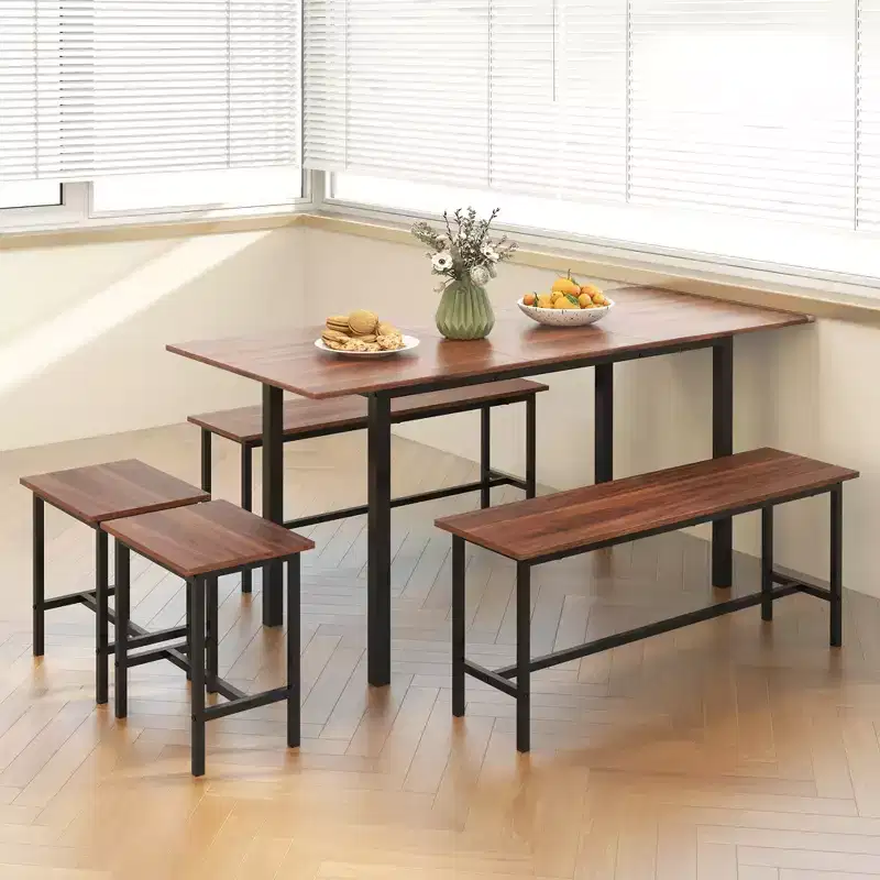Costway 5 PCS Dining Table Set for 4-6 w/ 2 Benches & 2 Stools Metal Frame Dining Room Walnut