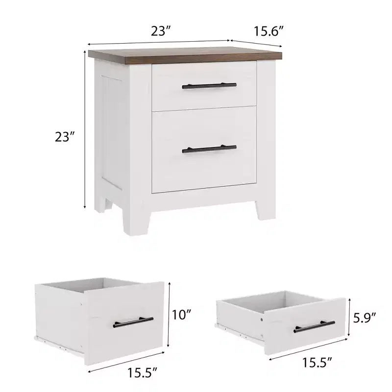 Nightstand With 2 Drawers, Farmhouse Night Stand With Brown Tabletop, Distressed White, Supports 170 LBS
