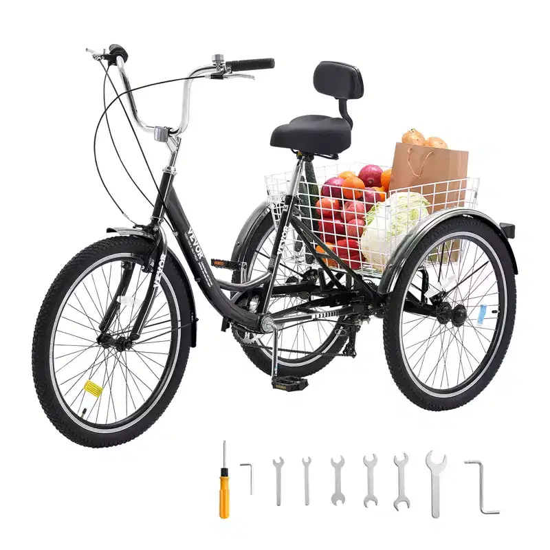 VEVOR Adult Tricycles Bike, 7 Speed Adult Trikes, 24 Inch Three-Wheeled Bicycles, Carbon Steel Cruiser Bike with Basket and Adjustable Seat