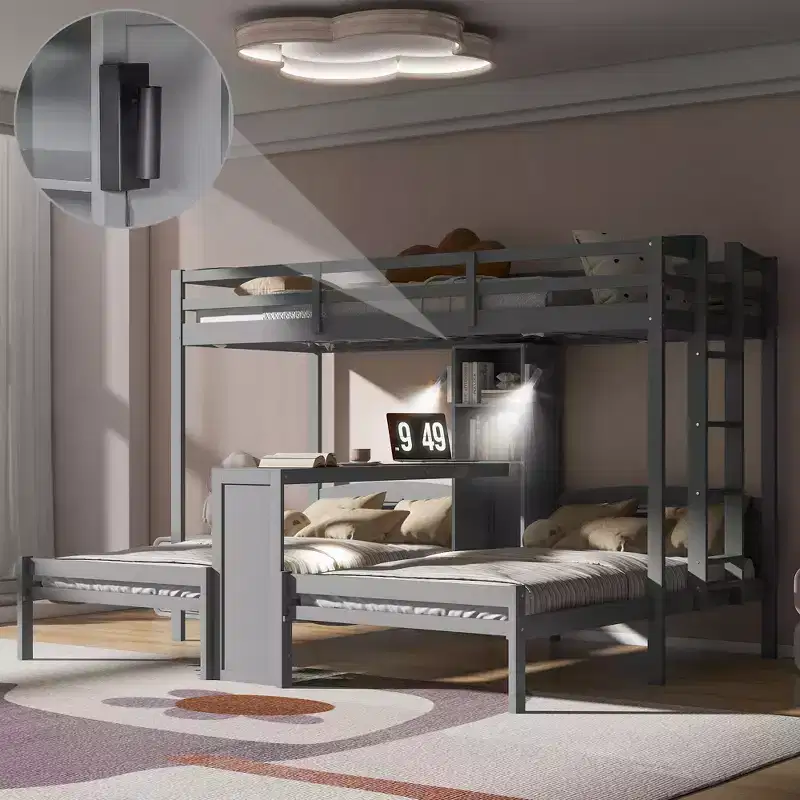 Whisen Twin over Twin & Twin Bunk Bed with Built-in Desk and Storage Shelves, Reading Lamp, 3 Beds in 1 Design