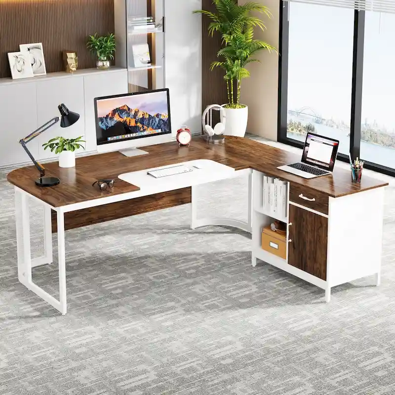 Large 63 L-Shaped Executive Office Desk with 31 File Cabinet