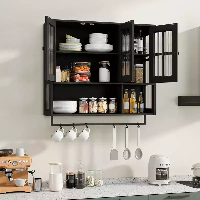 Bathroom Wall Cabinet, 3-Door Wooden Wall Cabinet with Open and Hidden Storage Space, Medicine Cabinet with Glass Door and Towel Bar