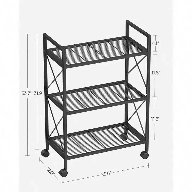 3 - Tier Metal Storage Rack with Wheels Mesh Shelving Unit X Side Frames 23.6 - Inch Width Black Entryway Kitchen