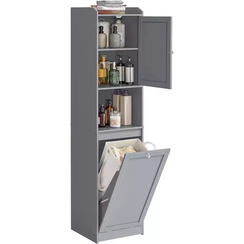 Dcolora Tall Bathroom Cabinet with Laundry Basket, Removable Laundry Basket with Handles, Compartment with Door
