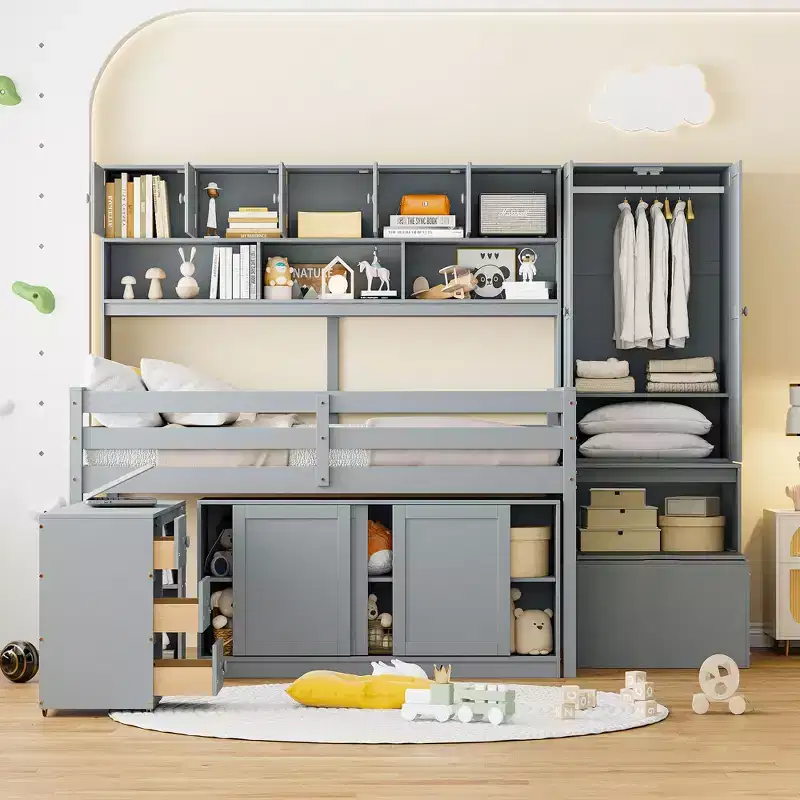 108.2L x 42W Modern Design Loft Bed with Wardrobe, Desk, Drawers and Shelves