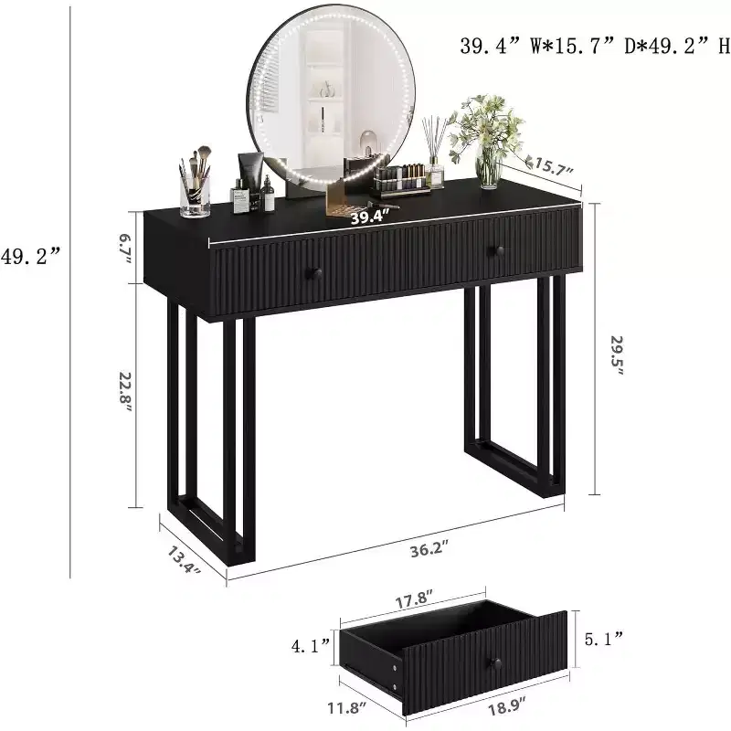 Acekool Vanity Desk with Mirror and Lights, Small Makeup Dressing Table with 2 Drawers, 3-Color LED, Adjustable Brightness, Organizer for Bedroom