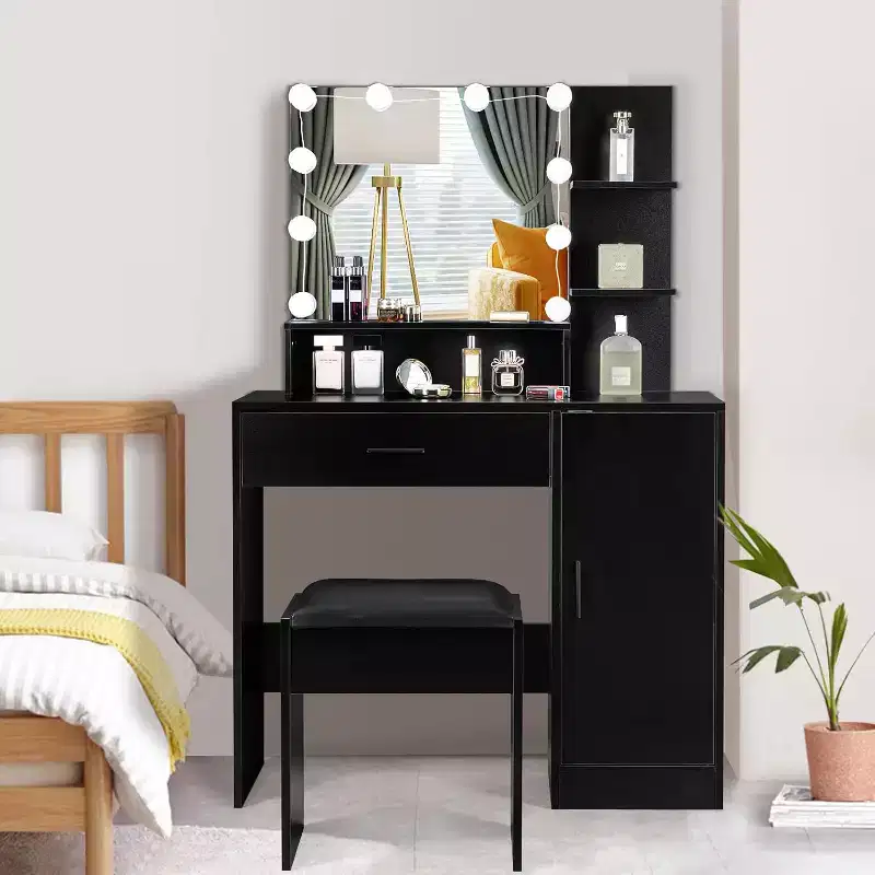 with Mirror and Lights, Makeup Vanity with Drawers and Stool for Bedroom, Black