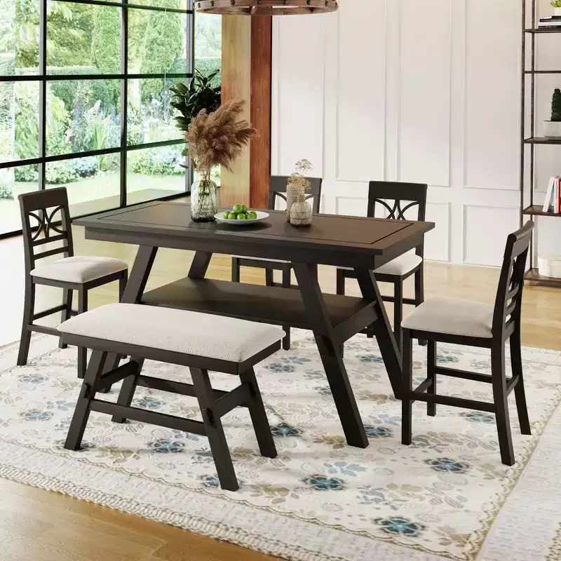 Whisen Rustic 6-Piece Counter Height Dining Table Set with Bench and 4 Upholstered Chairs