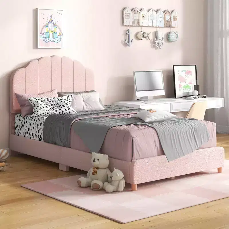 Costway Kids Twin Platform Bed Frame Upholstered Twin Size Bed with Wooden Slats Support