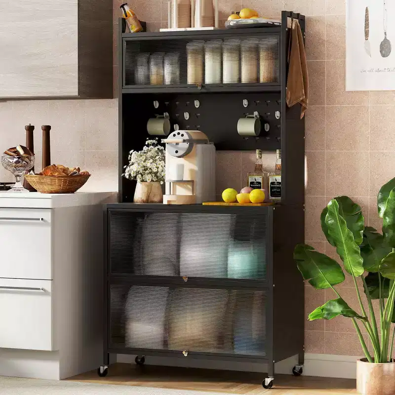 Costway 5 Tier Kitchen Bakers Rack Flip Door Cabinets Pegboard & Hooks White/Black