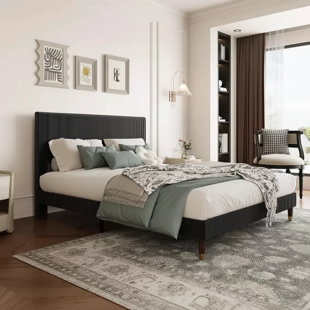 Soft Corduroy Fabric Platform Bed Frame with Upholstered Headboard – Queen Size