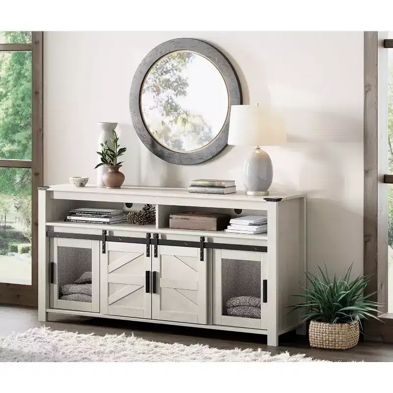 59Wood Sliding Barn Door Media Console Table,Rustic TV Cabinet for Living Room, Farmhouse TV Stand
