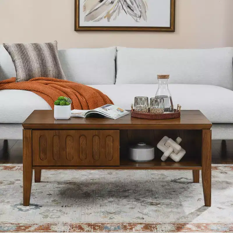 GDFStudio Maloch Mid-Century Modern Wooden Fluted Storage Coffee Table with Sliding Door