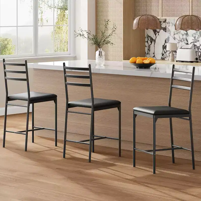 Bar Stools Set of 2, Counter Height Bar Stools Metal Dining Chairs with Straight-line Back Back and Thick Cushion PU Leather Dining Room Chairs