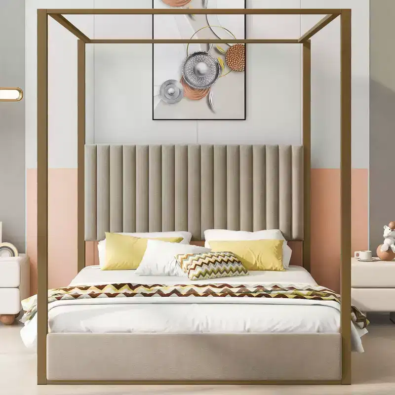 Queen/King Upholstered Canopy Platform Bed with Headboard & Metal Frame