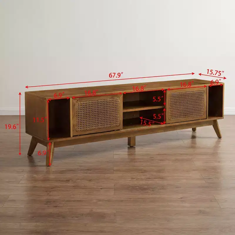 JVNOXK 67.9-inch Mid-Century Modern TV Stand, accommodates TVs up to 75 inches, solid wood legs with rattan-woven door panels, light walnut