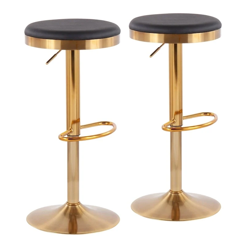 Set of 2 Counter Bar Stools | Gold Steel Frame | White Faux Leather | Adjustable Height