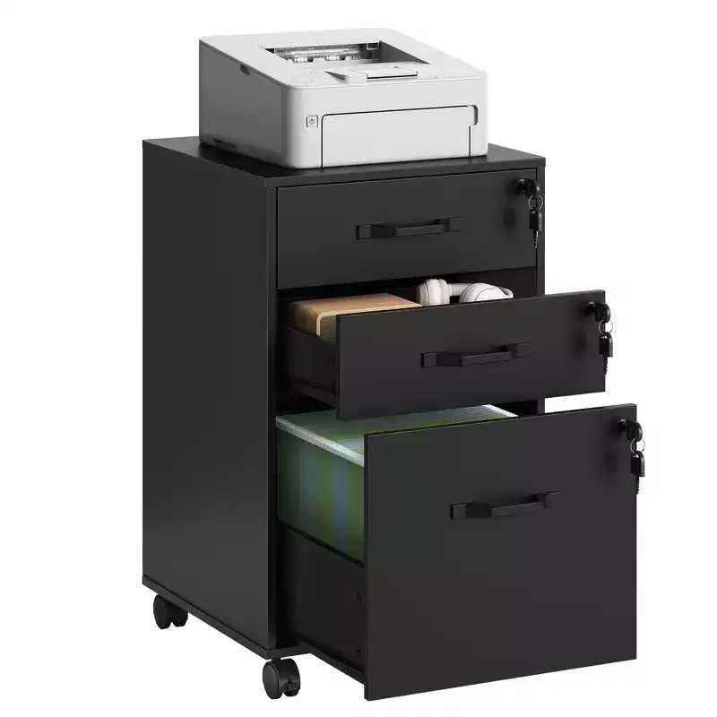 VASAGLE Mobile File Cabinet, 3 Drawers with Wheels, for A4, Letter Sized Documents, Adjustable Hanging Rail for File Folders, Lockable, Ink Black