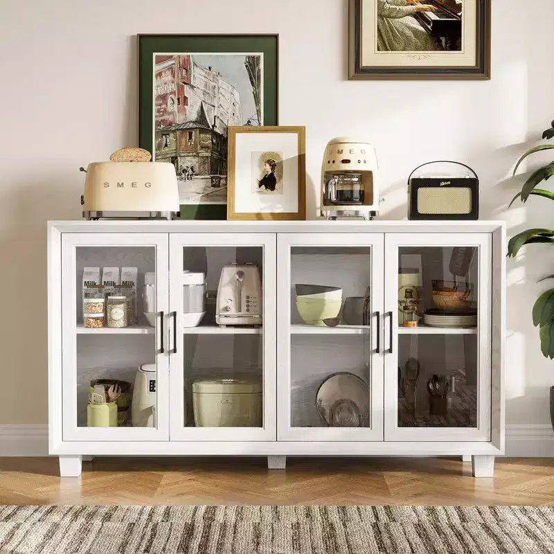 Famapy Glass-Door Kitchen Pantry Cabinet,Kitchen Sideboard Buffet Storage Cabinet,Multi - Shelf Storage for Organization,for Dining Room,Brown/White