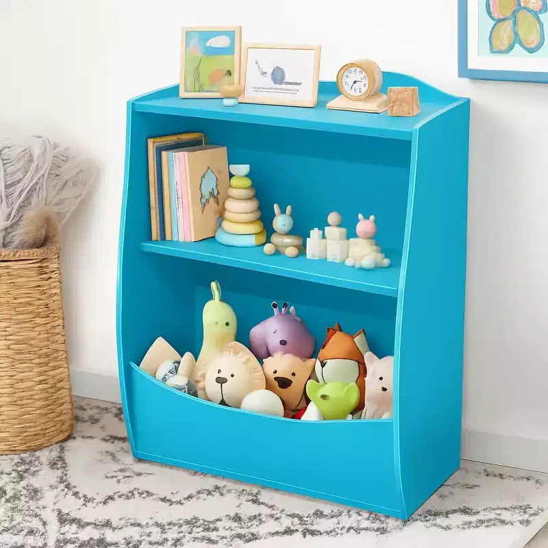 Blue/Pink/White/Yellow 2-Tier Kids Bookshelf with Storage Cubby, Single