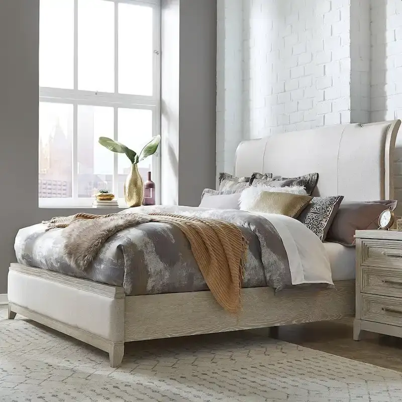 Belmar Washed Taupe & Silver Champagne King Upholstered Bed