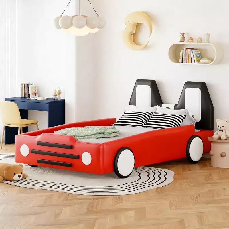 Twin Size Race Car-Shaped Platform Bed with Guardrail for Kids' Room