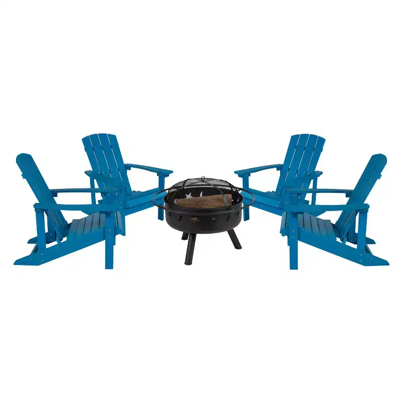 Merrick Lane Ayala 5 Piece Outdoor Leisure Set with Set of 4 Poly Resin Adirondack Chairs and Star and Moon Iron Fire Pit