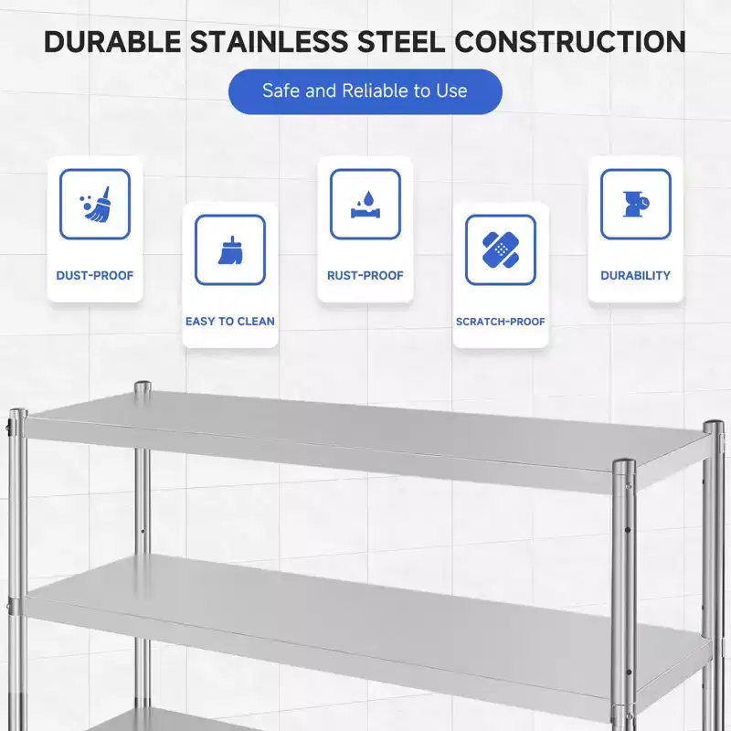 Stainless Steel 4-Tier Adjustable Shelving Unit, Heavy Duty Shelves with Wheels, Corrosion Resistant, Multipurpose for Storage