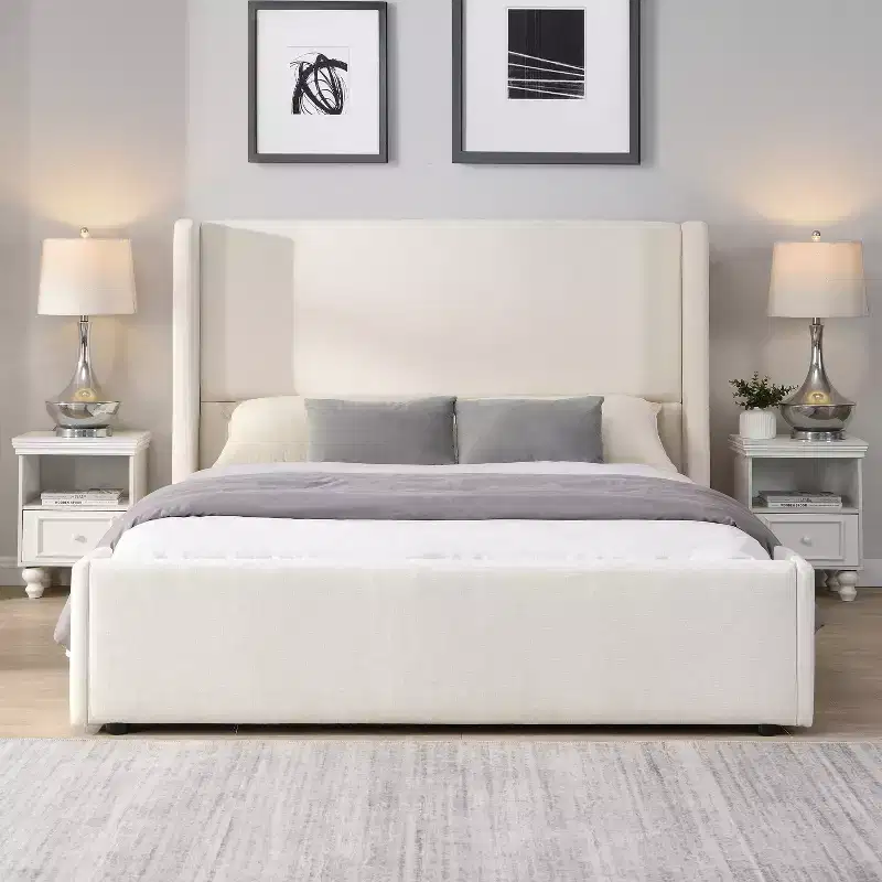 Elegant Upholstered Platform Bed with Tall Wingback Headboard, Queen/King Size Bed Frame, White - ModernLuxe