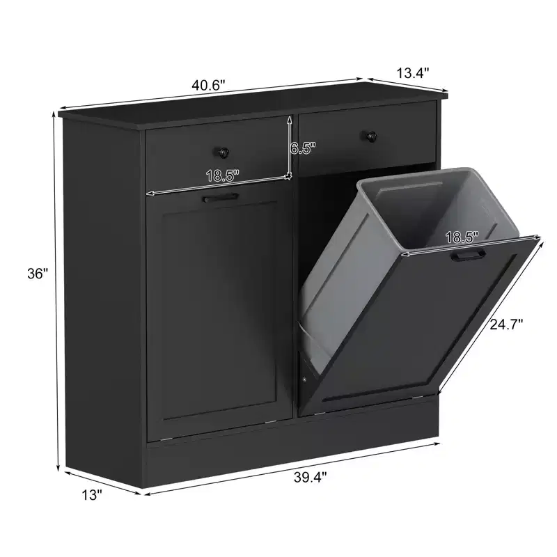 20 Gallon Tilt Out Trash Can Cabinet, Double Bin Dog-Proof Garbage Cabinet with Hidden Drawer, Deodorizing Space-Saving Kitchen Furniture