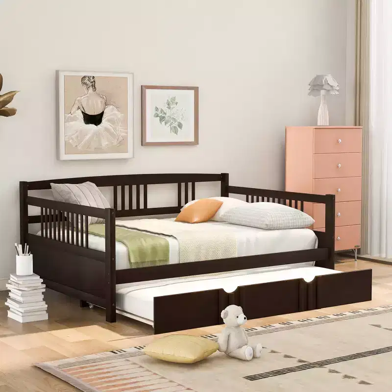Twin/Full Size Daybed, Wooden Platform Bed Frame with Twin Size Trundle/ Two Drawers