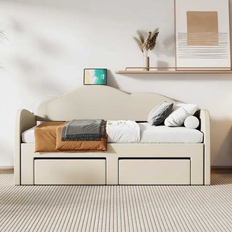 Twin Size Upholstered Daybed with Cloud-Shaped Backrest, Pop-Up Trundle, 2 Storage Drawers and USB Ports, Beige